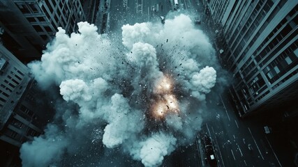 Urban destruction after explosion, disaster aftermath.