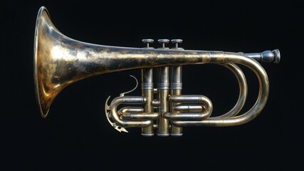 Fototapeta premium Close-up of an antique, brass cornet on black