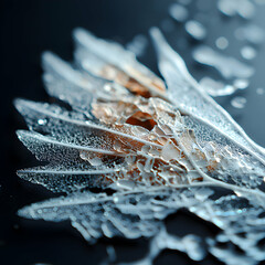 An ethereal image showcasing a detailed leaf skeleton adorned with icy textures and a dark backdrop. Suggests a delicate fragile composition.