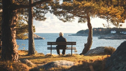 Senior man sits, contemplating the ocean view.
