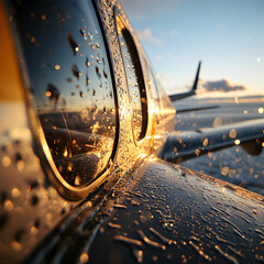 Aircraft detail at sunset. Raindrops glisten on the plane's surface. Great for aviation enthusiasts or travel promotions. Captures a moment of beauty and movement.