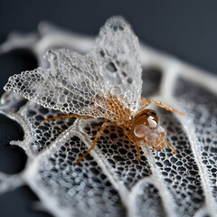 An insect covered in water droplets rests on a delicate leaf skeleton. Captures the intricate beauty of nature's design. Use as wallpaper or art print.