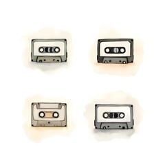 Obraz premium Set of Cassette Tape Icon Musical Audio Retro Vintage Media Player Sound Record Music Entertainment Industry Watercolor Illustration
