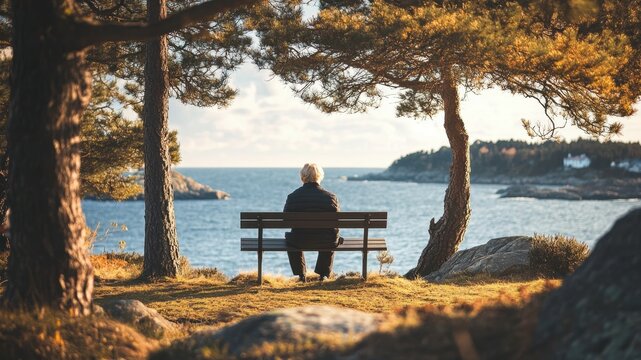Senior man sits, contemplating the ocean view.