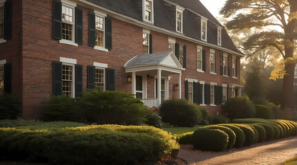 Traditional Brick House with Elegant Curb Appeal and Manicured Landscaping in Serene Suburban Setting
