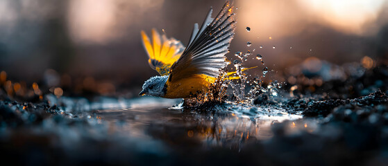 A bird takes flight splashing water creating a dynamic moment. Use as a background for nature themes or a vibrant artistic poster showcasing movement.