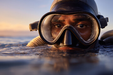 Closeup of diver surfacing from ocean water at sunset with intense focused expression