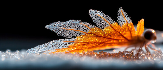 A macro photograph showcasing a frosted orange leaf. Great for nature and seasonal themes. Use this as desktop wallpaper or website background.