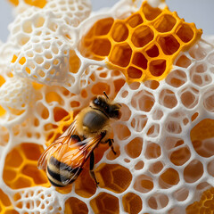A bee rests on a vibrant honeycomb showcasing intricate detail. It could be used for educational material or art projects emphasizing nature's architecture.