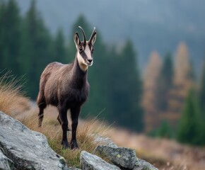 Obraz premium Chamois Rupicapra rupicapra, on a rocky hill, forest in the background