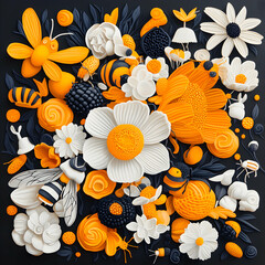A vibrant floral arrangement featuring flowers bees and berries rendered in relief with a striking contrast against a dark background. Ideal for wall art.