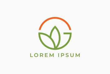 Modern Letter G Outline with Leaf and Sun Logo Design Element