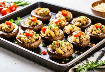 A tray of stuffed mushrooms with rice and tomatoes.