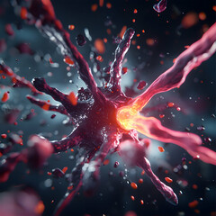 An abstract image of a cell with radiating tendrils and a glowing core. Useful for illustrating scientific concepts or medical visuals.