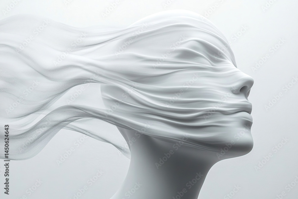 Poster ethereal figure with flowing fabric in soft light environment