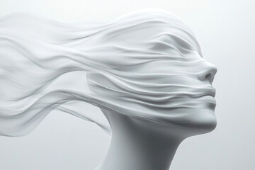 Ethereal figure with flowing fabric in soft light environment