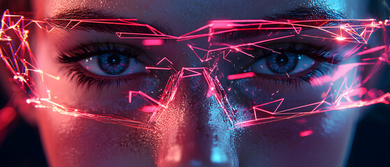 Futuristic image of a person's eyes glowing. Looks like a science fiction concept art maybe for a video game or movie. Would be a great wallpaper.