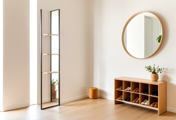 A wooden shoe rack with a mirror above it.