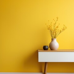 dried flowers in a vase standing in front of a yellow wall