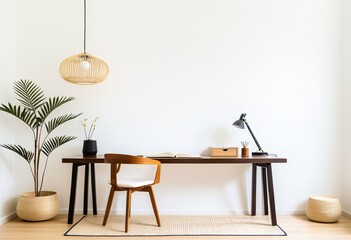 A wooden desk with a lamp and a plant in a room.