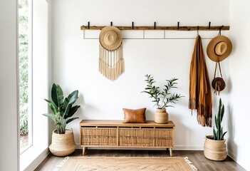 A wooden coat rack with a hat hanging on it.