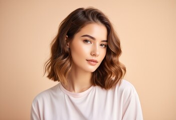 Fototapeta premium A woman with shoulder length brown hair wearing a white shirt.