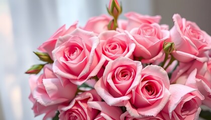 Fototapeta premium Soft Pink Roses. Romantic Bouquet In Dreamy Pastel Hues. Gentle Light Creates A Delicate Floral Arrangement. Perfect For Wedding, Anniversary, Or Special Occasion.