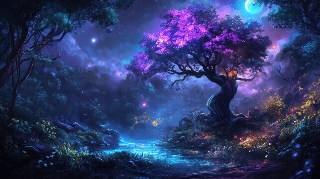 Purple fantasy tree by a stream in the moonlight