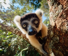 Obraz premium Babakoto, indri, monkey, wide angle lens with habitat in forest