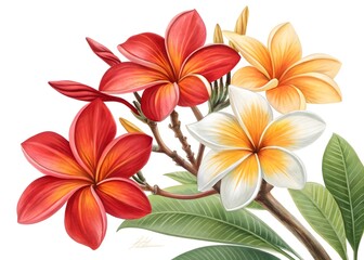 Vibrant tropical flowers in red, orange, and yellow hues, detailed digital painting on a white background