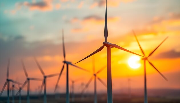 Sunset wind turbines renewable energy field landscape photography natural environment dynamic perspective