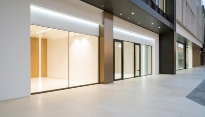 Fototapeta premium Modern Retail Storefront with Large Windows and Bright Interior Lighting Ideal for Business and Commercial Use