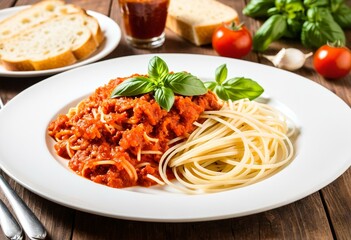 A plate of spaghetti with tomato sauce and bread on a table.