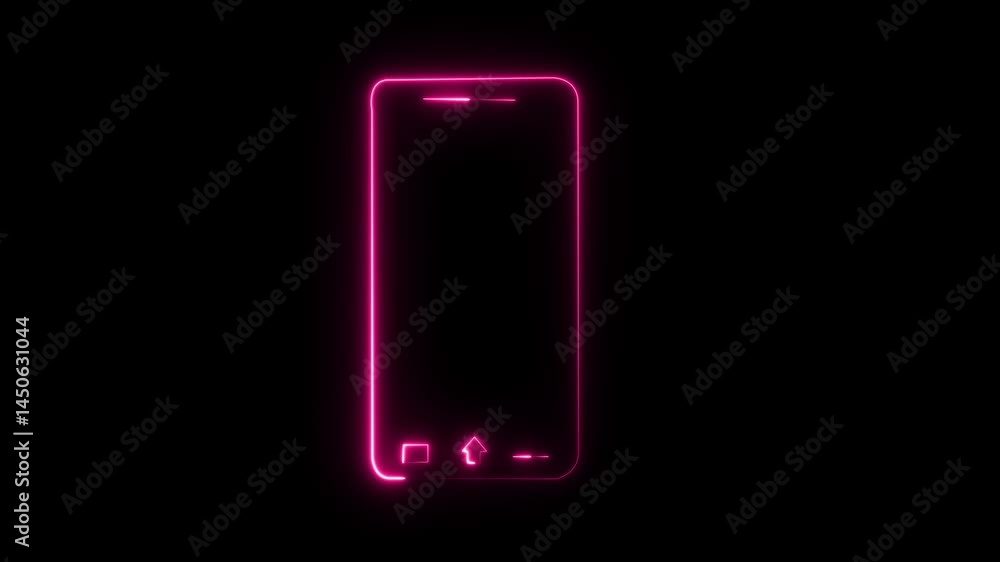 Poster neon smartphone animation on black background glowing pink mobile device with abstract outline techn