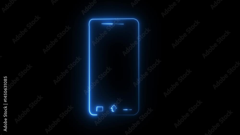 Poster neon smartphone outline animation on black background modern digital mobile technology device glowin