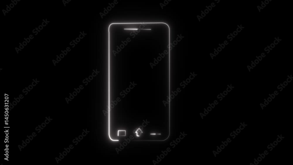 Poster neon smartphone outline animation on black background modern technology mobile device concept glowin