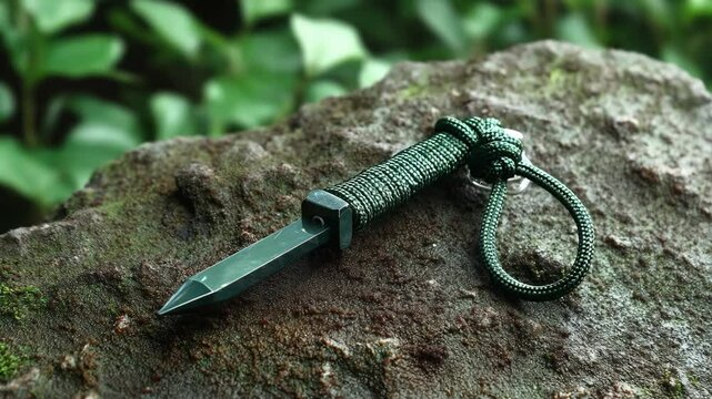 Small green knife with cord wrapped handle on a mossy rock surface in a forest.  Handmade pocket knife with a lanyard on a natural stone.