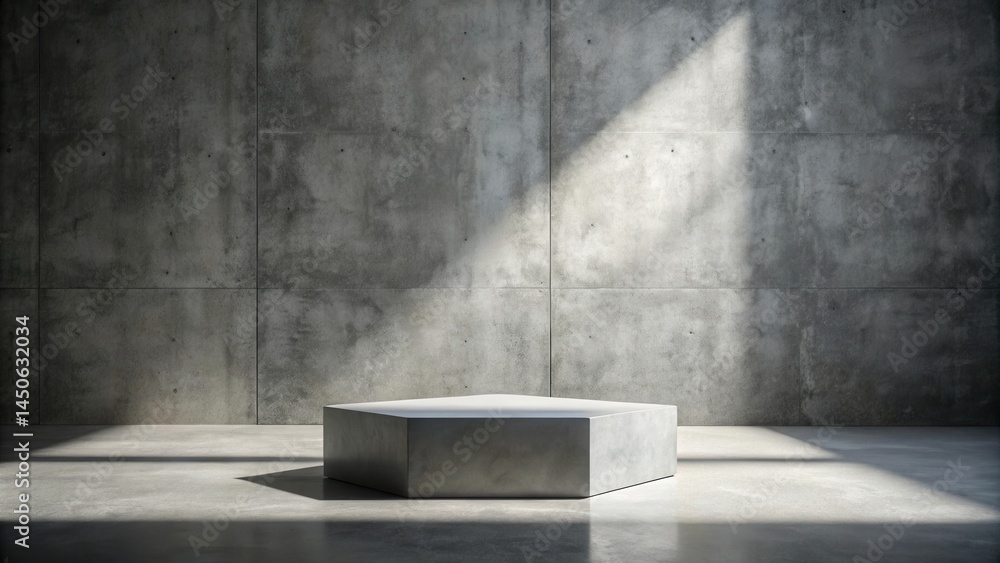 Poster a hexagonal concrete pedestal stands against a textured concrete wall, illuminated by a single ray o