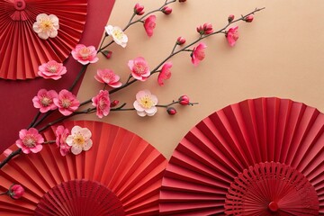 Red Paper Fans and Flowers Illustration-generated by ai