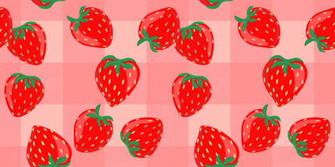 Bright summer seamless pattern with strawberries on a pink checkered background