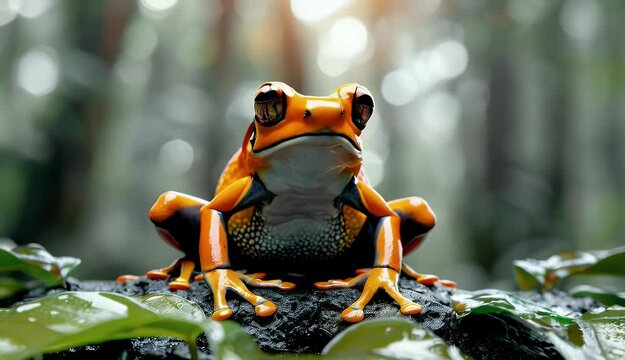 Poison dart frog on rainforest rock