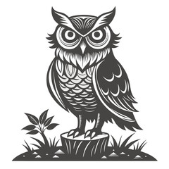 Fototapeta premium Stylized Monochrome Owl Perched on a Stump Illustration 