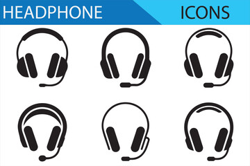 Black vector icons of headphones with and without microphones, suitable for digital art and tech projects.