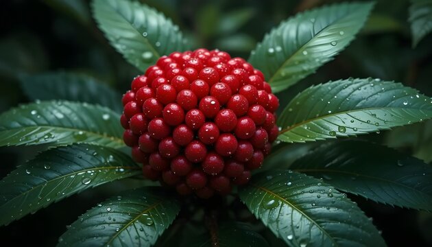 Crimson Ara&ccedil;&aacute; Cluster on Rain-Dappled Leaves