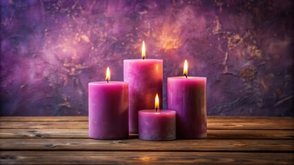 A group of four lavender candles burning brightly on a wooden table with a textured purple background.