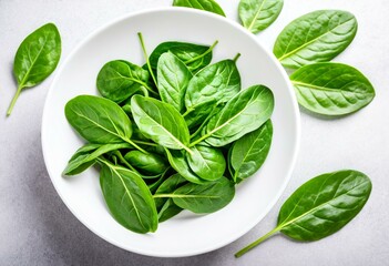 A white bowl filled with green leaves on top of a table.