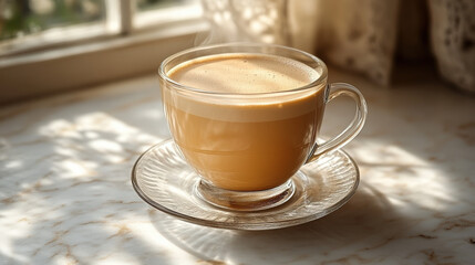A steaming cup of coffee sits on a saucer in front of a window