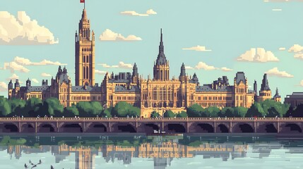 Fototapeta premium Pixel art of a government building by a river. Detailed architecture reflected in water