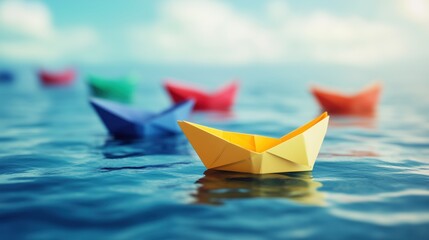 Colorful Origami Paper Boats Floating on Tranquil Water Surface