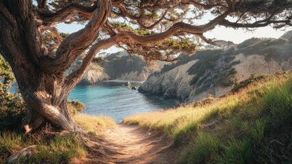 Fototapeta premium Scenic coastal landscape featuring a tree overlooking ocean